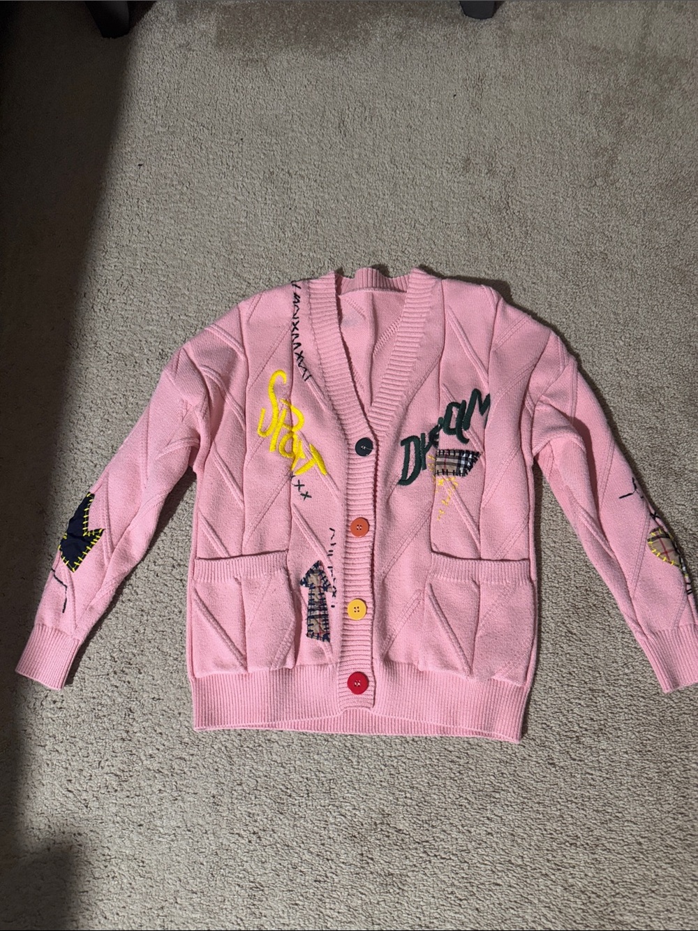 Source Unknown Pink Embroidered Knit Cardigan with Multi-Color Buttons